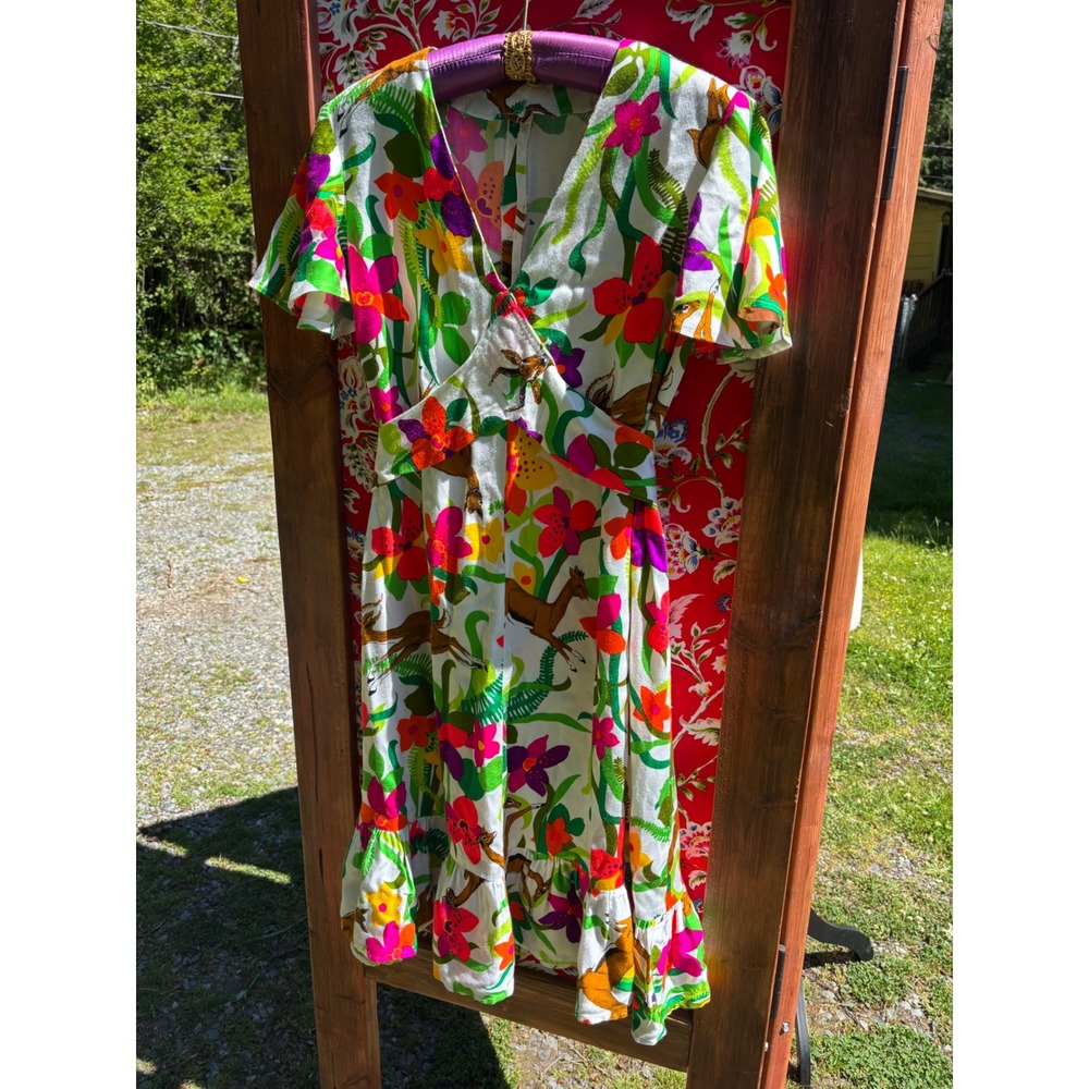 VTG 70's Neon Floral Ruffle Vacation Whimsy Boho Chic Midi Dress Size M-L - Picture 11 of 13